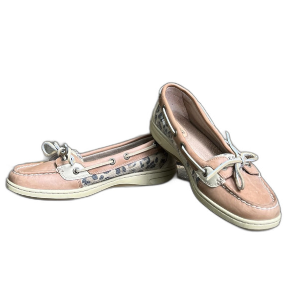 Sperry Angelfish Slip On Leather Leopard Print Boat Shoe Womens 7.5 Tan Preppy - Picture 1 of 8